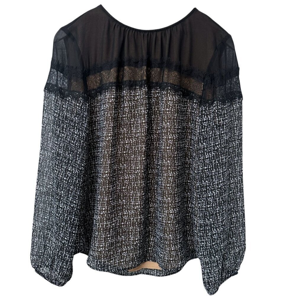 White House Black Market Black Chiffon Lace Blouse Size 12 Petite Evening Party